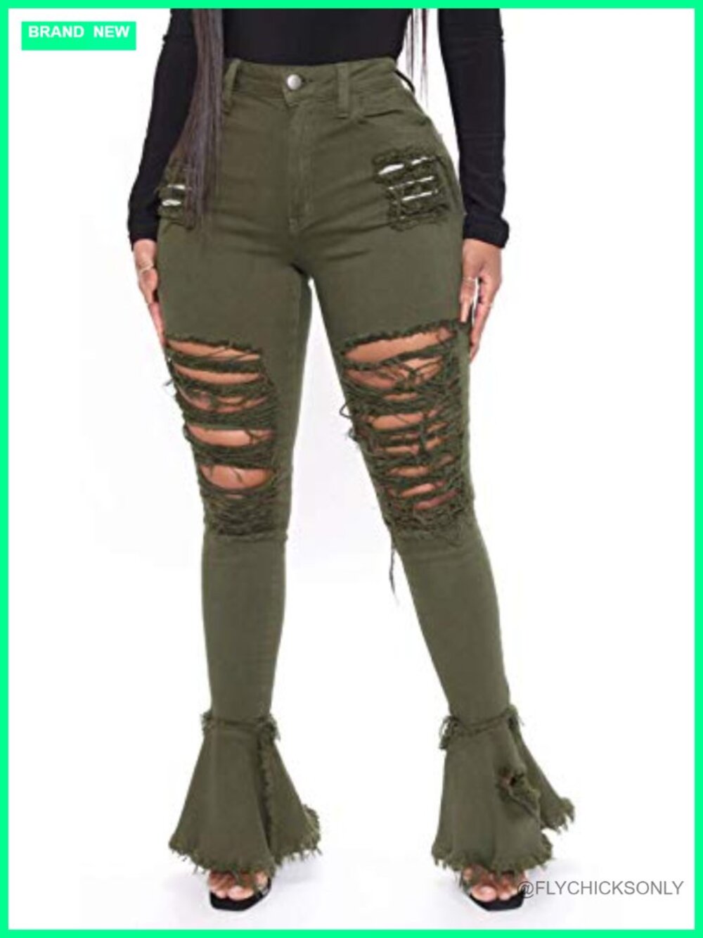 High Rise Flare Jeans Ripped Raw Hem Denim Bell Bottom Pants